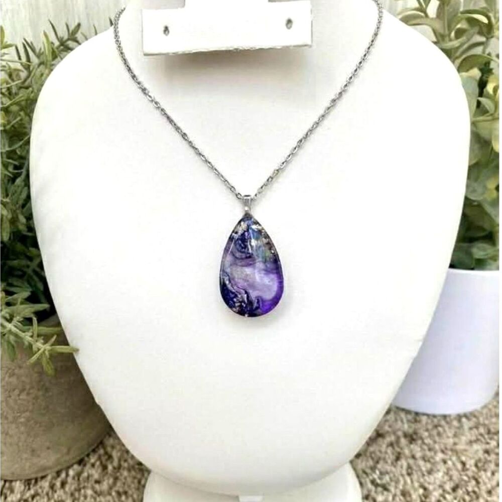 Handmade Resin 3D Purple Resin Teardrop Necklace - Picture 2 of 6